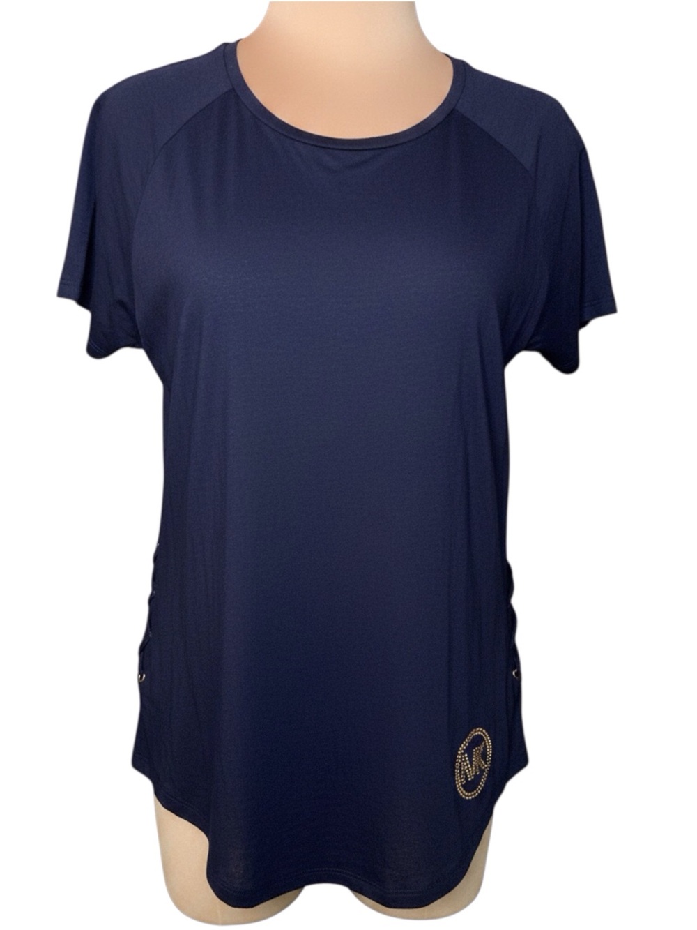 MICHEAL Michael Kors | Navy Blue Short Sleeve Rhinestone Logo Top M